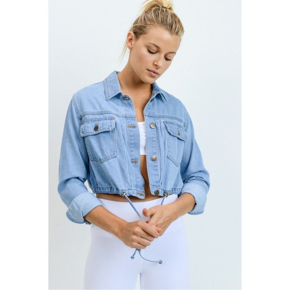 Cropped Light Blue Denim Drawstring Jacket 100% Cotton Activewear Casual